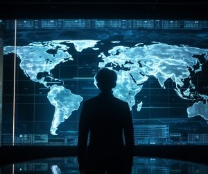 Businessman holding world map, connecting global communication network generated by artificial intelligence
